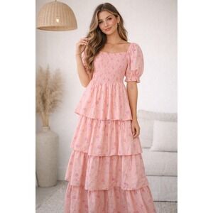 LoveShackFancy Target Pink Floral Smocked‎ Tiered Maxi Dress XXS Cottagecore